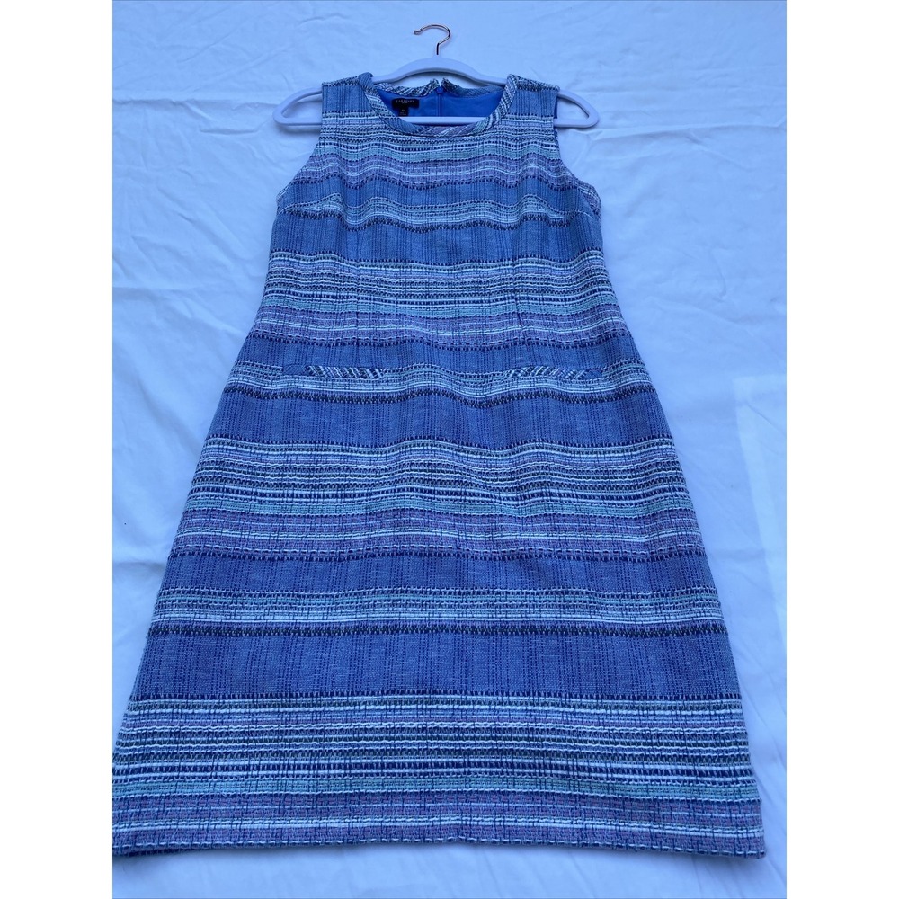 Talbots Sleeveless Blue Stripe Sheath Dress Womens 6P Woven Lined Career Travel